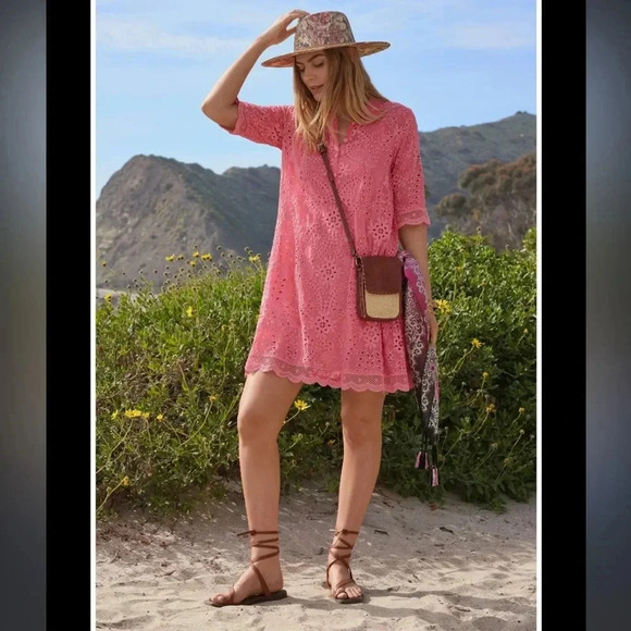 Johnny Was Malfi Salmon eyelit boho mini dress - Picture 1 of 12